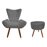 Kit Poltrona Emilia Decor Suede Cinza + Puff Puf Pé Palito
