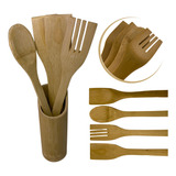 Kit Porta Utensílios De Cozinha Bambu Colher De Pau Espatula