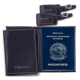 Kit Porta-passaporte E 2 Tag De Mala Em Couro Preto Com Nome