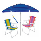 Kit Praia 2 Cadeira Alta Alumínio Saca Areia Guarda Sol 2,4m