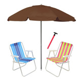 Kit Praia 2 Cadeira Alta Guarda Sol 2,4m Marrom Saca Areia 