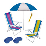 Kit Praia Cadeira Reclin Guarda Sol Mesa Portátil Saca Areia