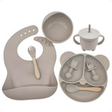 Kit Prato Infantil De Silicone C/ Copo Talher Babador Tigela Cor Cinza Cor