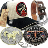 Kit Presente Cinto Fivela Country Bone Farm America Chaveiro