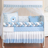 Kit Protetor De Berço Americano Urso Baby Azul Quarto De Menino 10 Peças + 1 Saia De Brinde Oferta