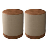 Kit Puff Banqueta Redondo Linho Com Couro 42x34x34 Oreon Luxo Decorativo Retro Vintage Cor Bege/marrom Casa Jd Móveis