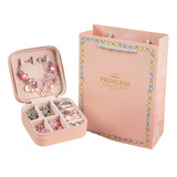 Kit Pulseira Colar Berloque Rosa 110pçs Porta Joia Infantil