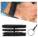 Kit Pulseiras Cruz Crucifixo Masculina Couro+ Colar Freendom
