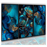 Kit Quadros Decorativos Flor Mármore Azul Luxo Sala Quarto