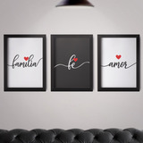 Kit Quadros Família Amor Fé Conjunto 30x40 C/ Moldura/vidro