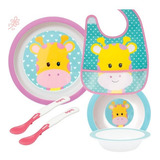 Kit Refeição Bebe 2 Pratinhos 2 Colheres Babador Girafa Buba