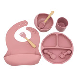 Kit Refeição Bebê Prato Babador Copo Talher Silicone Criança Cor Rosa-claro