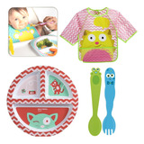 Kit Refeição Bebê Prato Talher E Babador Avental