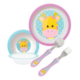 Kit Refeição Infantil Animais C/ Pratinho Bowl E Talher Buba