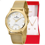 Kit Relógio Champion Feminino Dourado Brinde Colar E Brincos