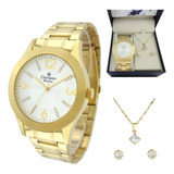 Kit Relogio Dourado Feminino Colar Brinco Champion Envio 24h