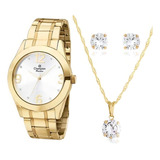 Kit Relógio Feminino Dourado Champion Original Colar Brincos Cor Do Fundo Branco