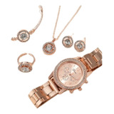 Kit Relógio Feminino Rose Luxo C/ Pedras Brinco Colar Anel