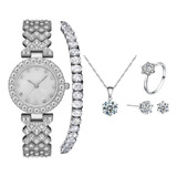 Kit Relógio Feminino Strass + Colar Brincos Pulseira E Anel
