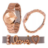 Kit Relógio Lince Rose Feminino Bracelete Love Prova D'agua