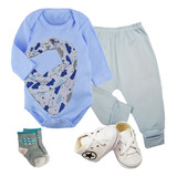 Kit Roupa De Bebê 5 Peças Body Longo Mijão E Babador Bandana