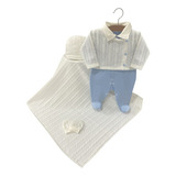 Kit Saída Maternidade Menino Azul Tricô E Jeans Manta Luxo