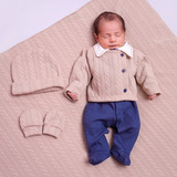 Kit Saída Maternidade Menino Azul Tricô E Jeans Manta Luxo
