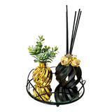 Kit Sala Preto E Dourado Difusor + Vaso Com Arranjo +bandeja