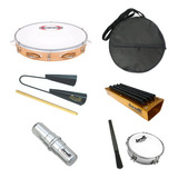 Kit Samba Pandeiro Madeira Reco-reco Tamborim Agogô Ganza
