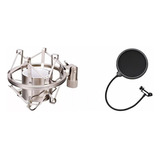 Kit Shock Mount Aranha Microfone Prata + Tela Pop Filter