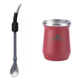 Kit Stanley Cuia Térmica 236ml Vermelha E Bomba Matte Colher