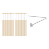 Kit Suporte Varão Banheiro Curvo Em L + 2 Cortina Box Bege