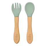 Kit Talher Garfo E Colher Silicone E Bambu Alimentação Bebê