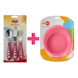 Kit Talheres Inox Nuk Rosa (18+ Meses) + Prato Neopan