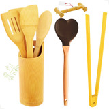 Kit Talheres Utensílios Colher Pau Bambu Suporte Cozinha 