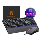 Kit Teclado E Mouse Mecânico Dpi 7200 Abnt2 Gamer Luz Led Rgb Switch Red Usb Mouse Pad Para Computador Pc Ps4 Fire Phoenix Bk-06 Preto
