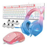 Kit Teclado Mecânico Branco Mouse Rgb E Headset Usb Pc Gamer