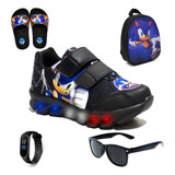 Kit Tenis Infantil De Led Sonic Masculino + Mochila Chinelo 