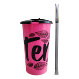 Kit Tererê Copo Plástico 450ml Com Tampa Rosa E Bomba Inox 1