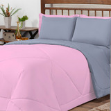 Kit Ternura Casal Queen Edredom Jogo Fronhas Roupa De Cama Cor Cinza/rosa Desenho Do Tecido Liso