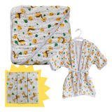 Kit Toalha De Banho Fralda + Roupão Soft Bebe +3 Pano Brinde