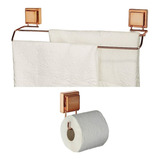 Kit Toalheiro Suporte Porta Papel Higiênico Ventosa Rose Cor Rose Gold
