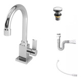 Kit Torneira Quadrada Luxo Para Lavatório + Válvuka Click Up 7/8'' + Sifão Pvc Branco + Engate / Ligação 40cm