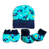 Kit Touca De Bebê+luva E Sapatinho Enxoval De Bebê Menino