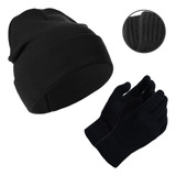 Kit Touca Gorro Lã + Par De Luvas Liso Inverno Frio Adulto 