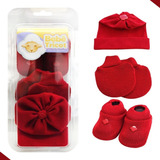 Kit Touca Sapatinho Luva Saída Maternidade Infantil Vermelho