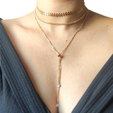Kit Triplo Colar+choker+gravatinha Ponto Luz Banhado A Ouro