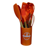 Kit Utensilios Cozinha Jogo 12 Peças Silicone Cabo Madeira Cor Vermelho