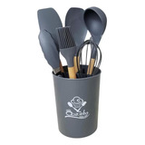 Kit Utensílios De Cozinha 7 Peças Madeira E Silicone Luxo Cor Cinza