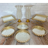 Kit Vaso Pedraria Perola Bandejas Festa Dourado 8 Peças